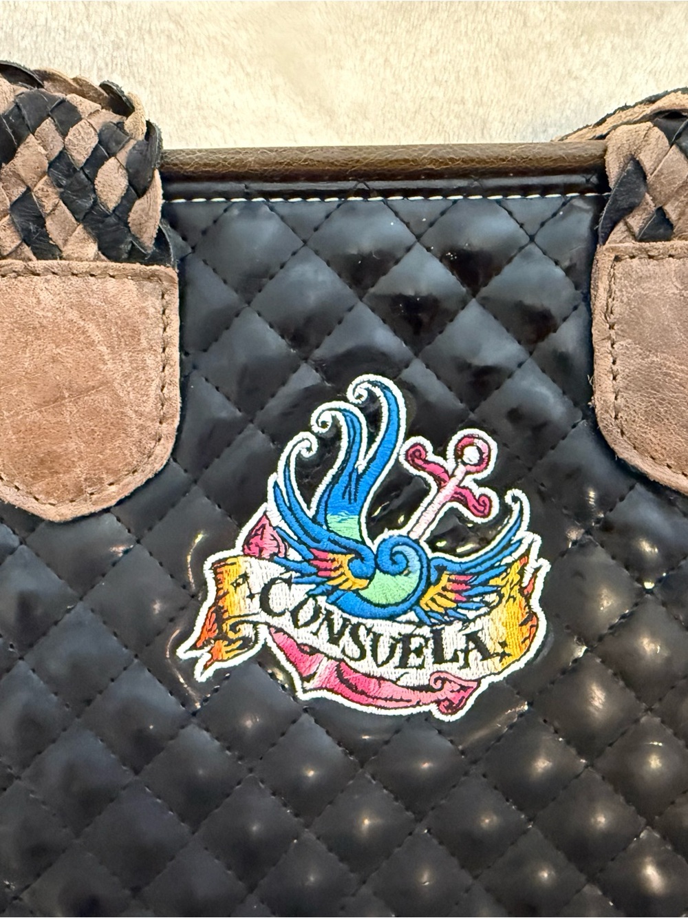 Consuela Vintage Black Tote with Bright Floral interior & sides, inside pocket - Picture 4 of 12